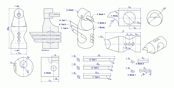Eagle toy figurine p- Assembly and part drawings