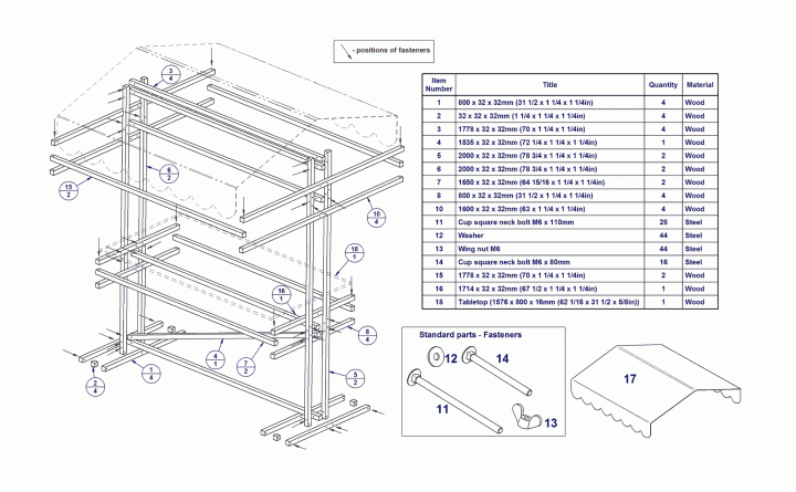 Fold-out patio table - Parts list