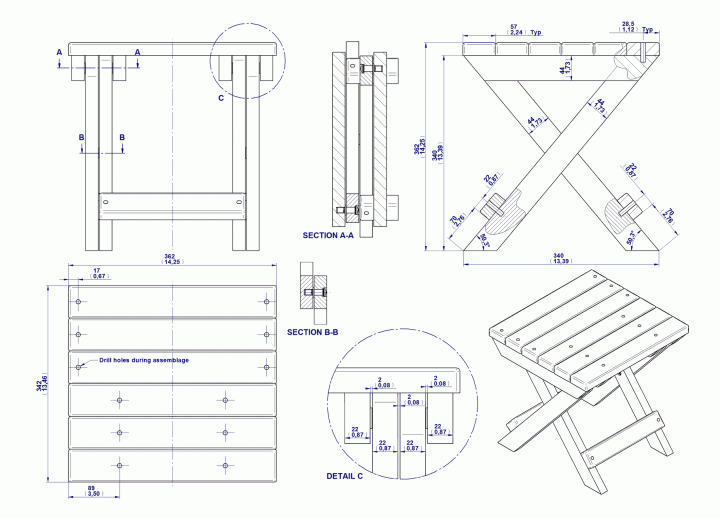 Folding camping stool - Assembly drawing