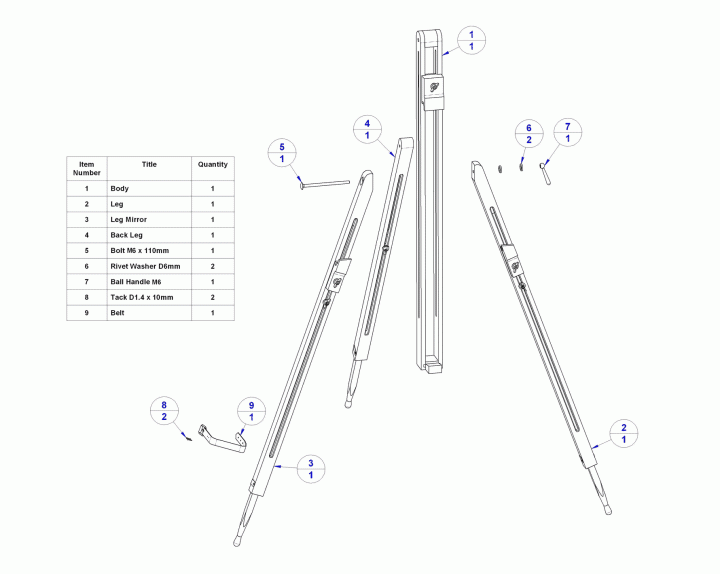 Folding tripod easel - Parts list