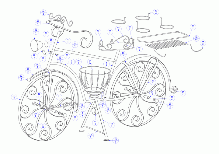 Garden bicycle plant holder - Parts list