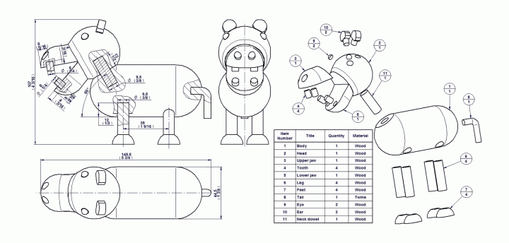 Hippopotamus figurine - Parts list and assembly drawing