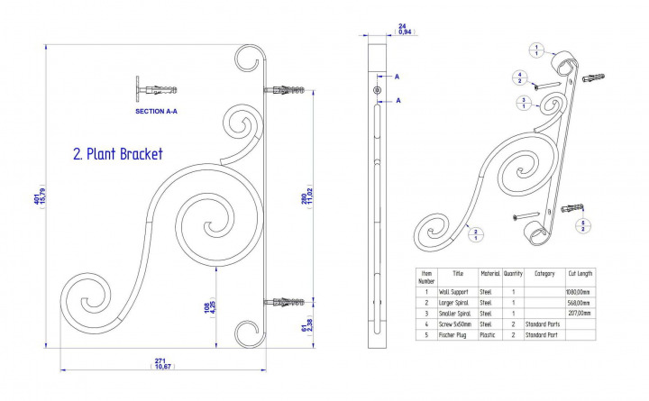 Bracket sub-assembly - Assembly drawing and parts list