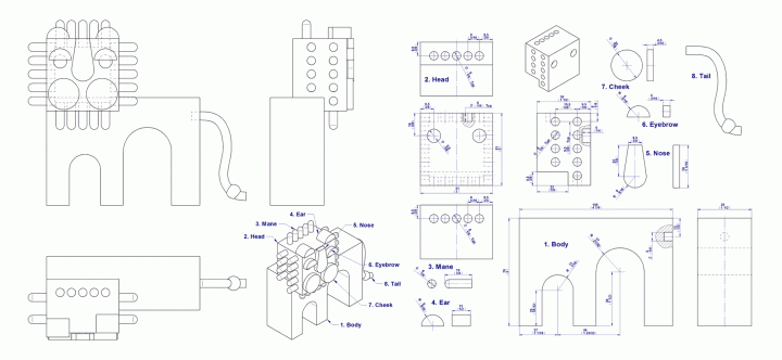 Lion toy figurine - Assembly and part drawings