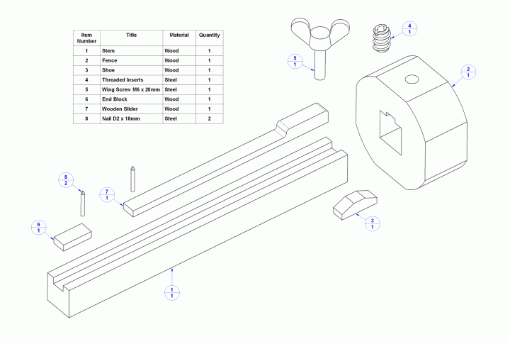 Mortise gauge (locking screw version) - Parts list