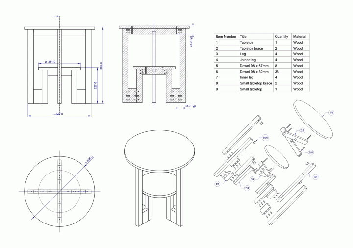 Occasional table - Assembly drawing, exploded view and parts list