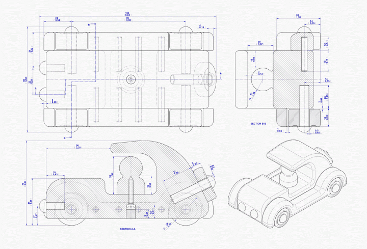 Old timer car toy  - Assembly drawing