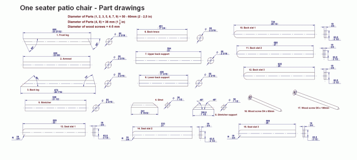 One-seater patio chair - Parts drawings
