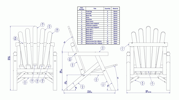 One-seater patio chair - Parts list and assembly drawing