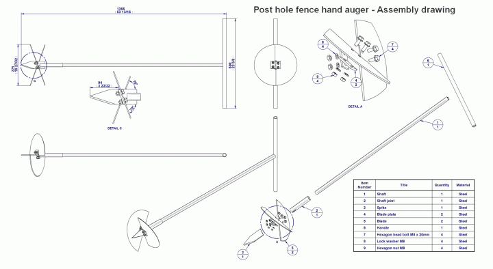 Post hole fence hand auger - Assembly drawing