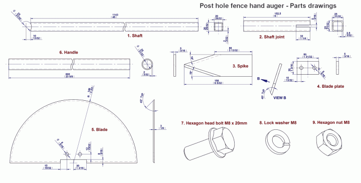 Post hole fence hand auger - Parts drawings