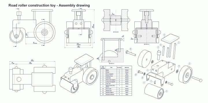 Road roller construction toy - Assembly drawing