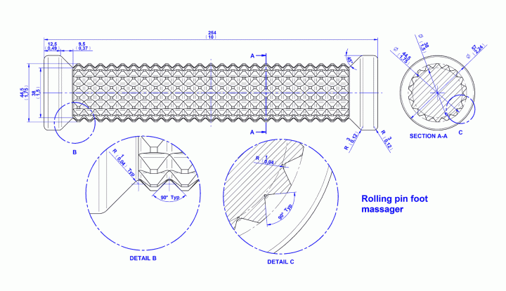 Rolling pin foot massager drawing - Version 1