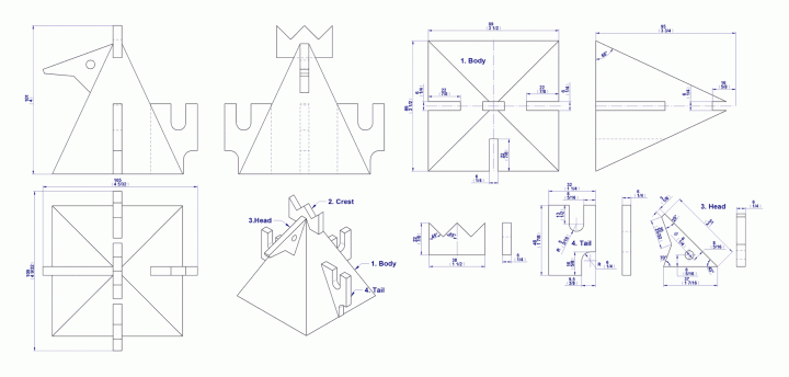 Rooster toy figurine plan - Assembly and part drawings