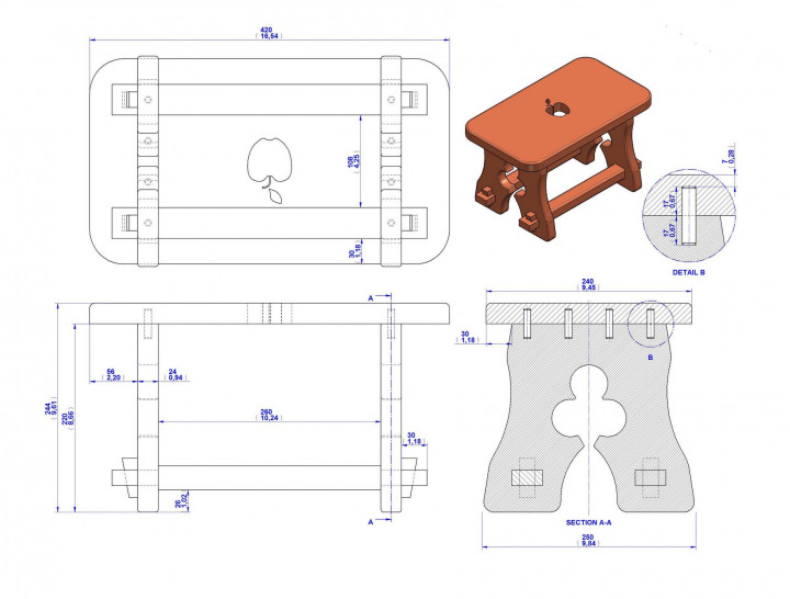 Rustic stool - Assembly drawing