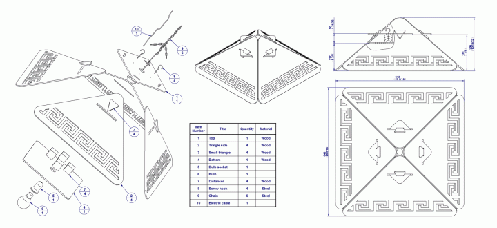 Scroll saw chandelier - Parts list and assembly drawing