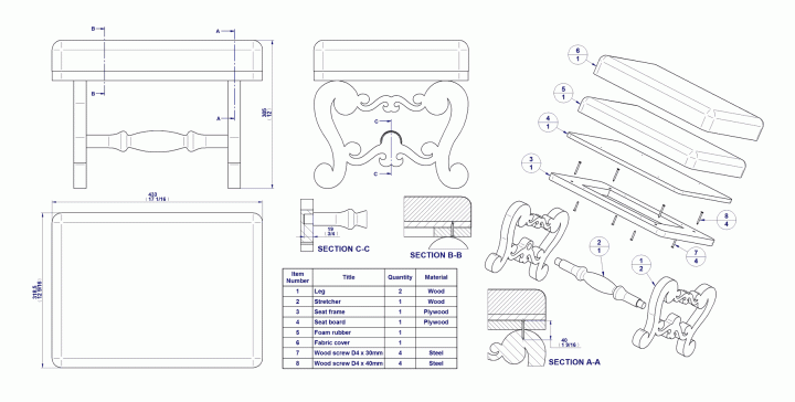 Footstool with scroll saw legs plan - Assembly drawing, exploded view and parts list