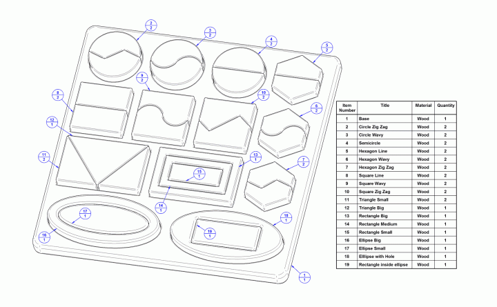 Shape matching board toy - Parts list