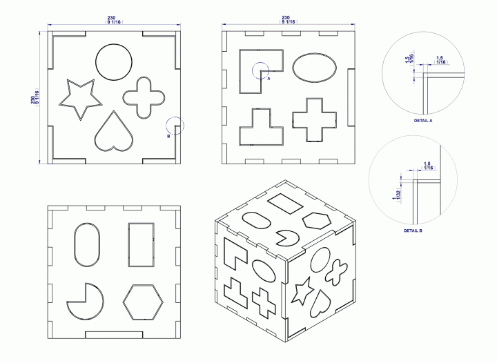 Shape sorting cube toy - Assembly drawing