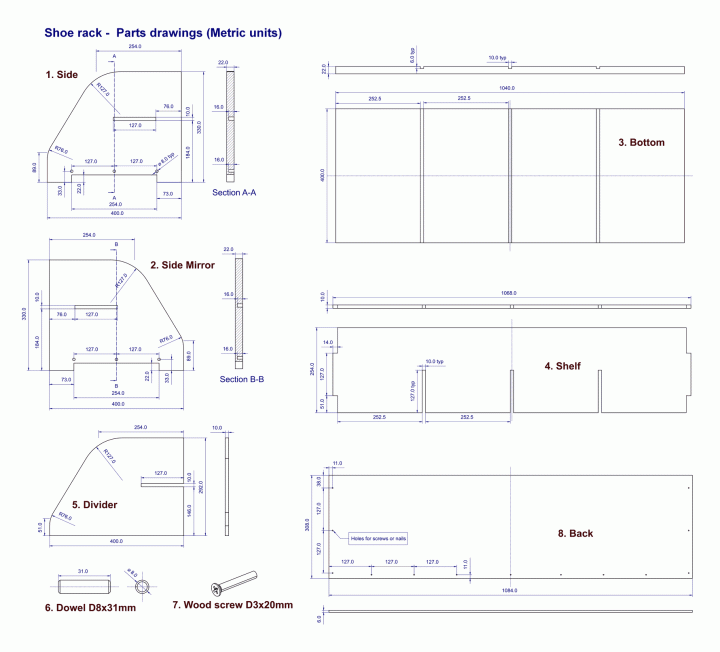 Shoe rack - Parts drawing (Metric units - mm)
