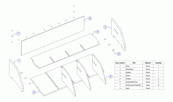 Shoe rack - Exploded view and parts list
