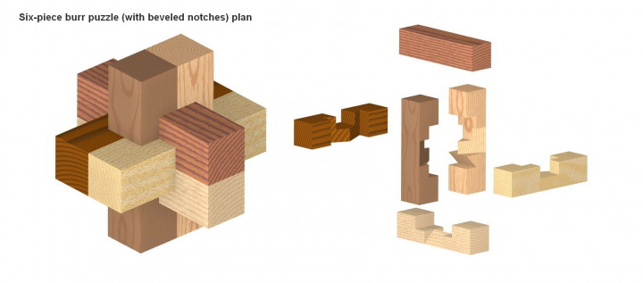 Six-piece burr puzzle with beveled notches plan
