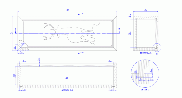 Sliding lid box with feather spline mitre joint - Assembly drawing