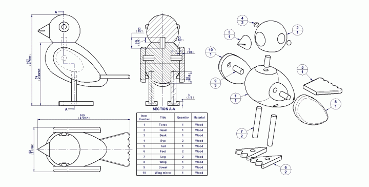 Sparrow figurine - Parts list and assembly drawing