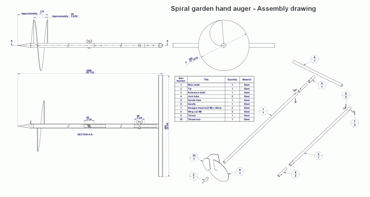 Spiral garden hand auger - Assembly drawing