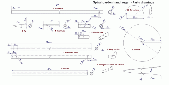 Spiral garden hand auger - Parts drawings