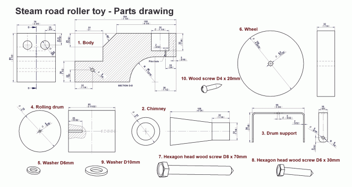 Steam road roller toy - Parts drawings