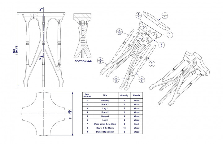 Telephone stand - Assembly drawing, parts list and exploded view