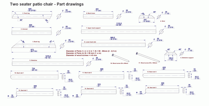 Two-seater patio chair - Parts drawings