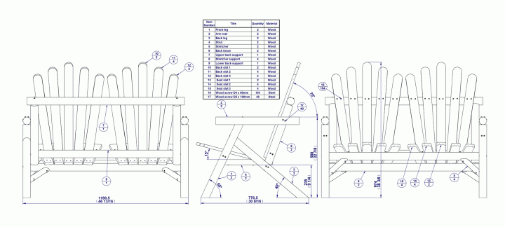 Two-seater patio chair - Parts list and assembly drawing