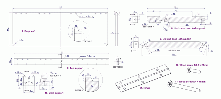 Wall-mounted drop-leaf folding table plan - Part drawings 1