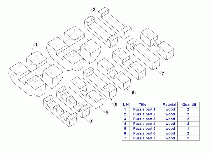 Wooden interlocking puzzle - Parts list