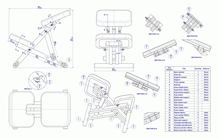 Wooden kneeling chair - Assembly drawing