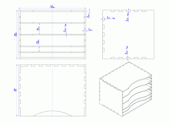 Wooden paper sorter - Assembly drawing