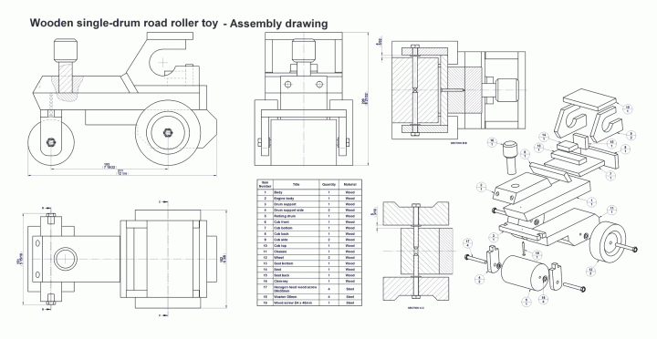 Wooden single-drum road roller toy - Assembly drawing