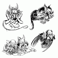 Two treasure-guarding dwarfs, two devilish creatures and a sinister bird